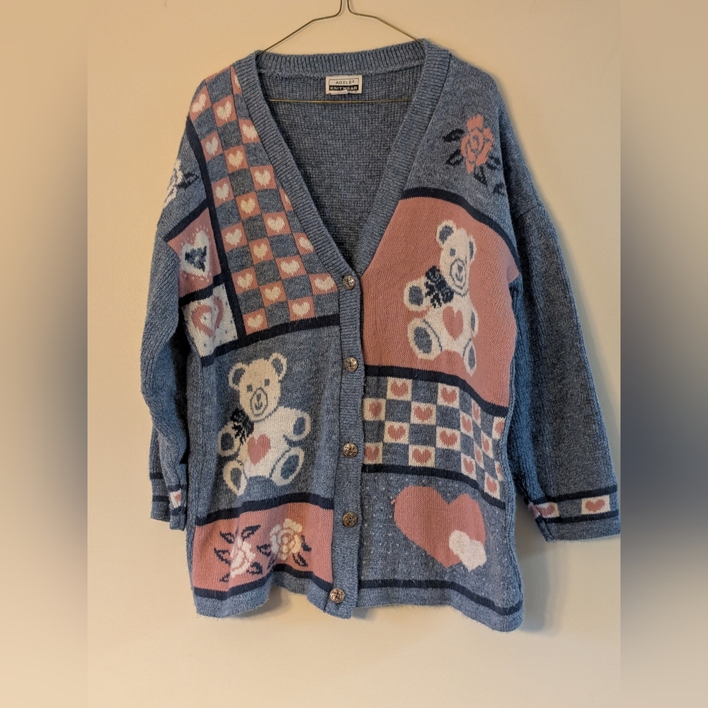 Blue and Pink Teddy Bear Cardigan